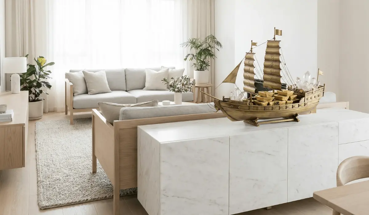 Bright minimalist living room with a golden treasure ship sculpture (filled with gold ingots and crystals) on a marble cabinet, paired with light-toned sofas and potted plants.