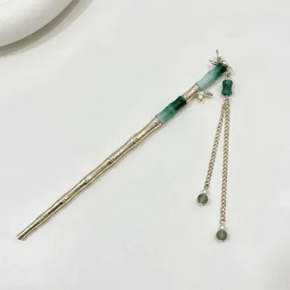 Green Bamboo Tassel Metal Hairpin for Vintage Elegance & Cultural Grace