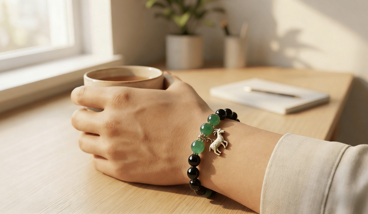 Hands holding a ceramic teacup, wearing a bracelet with black obsidian, green jade beads and a silver horse charm, on a sunlit wooden desk by a window.