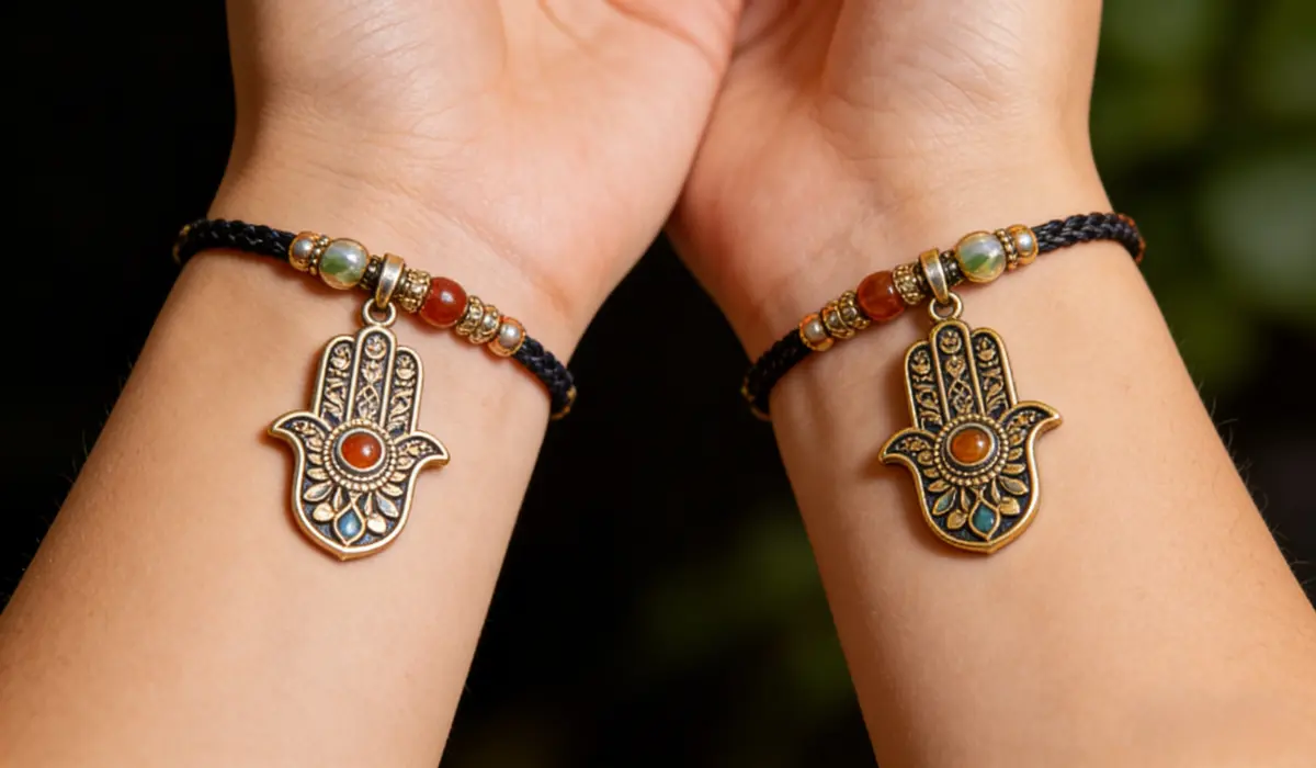 Two black braided Hamsa Hand bracelets, adorned with antique gold charms and vibrant stone beads, are worn on the left and right wrists respectively, each embodying unique spiritual meanings of protection, good luck, and positive energy.