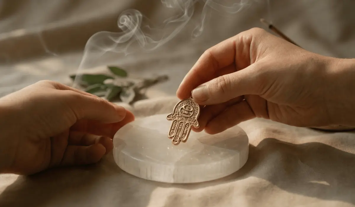 Hands placing a bronze Hamsa Hand pendant onto a selenite charging plate, with rising incense smoke and green leaves, creating a serene spiritual cleansing and energy charging ritual scene.