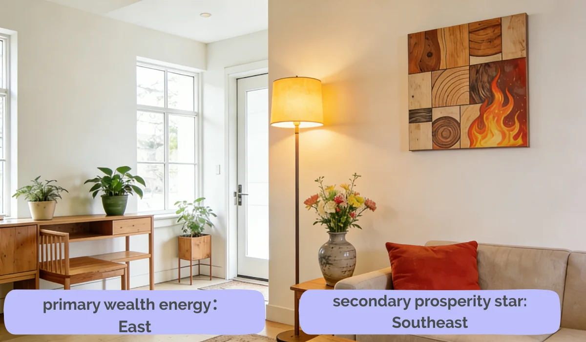 Split-image of a home space, left side showing the East (primary wealth energy) with plants and wooden furniture, right side showing the Southeast (secondary prosperity star) with a lamp, flowers and a sofa.