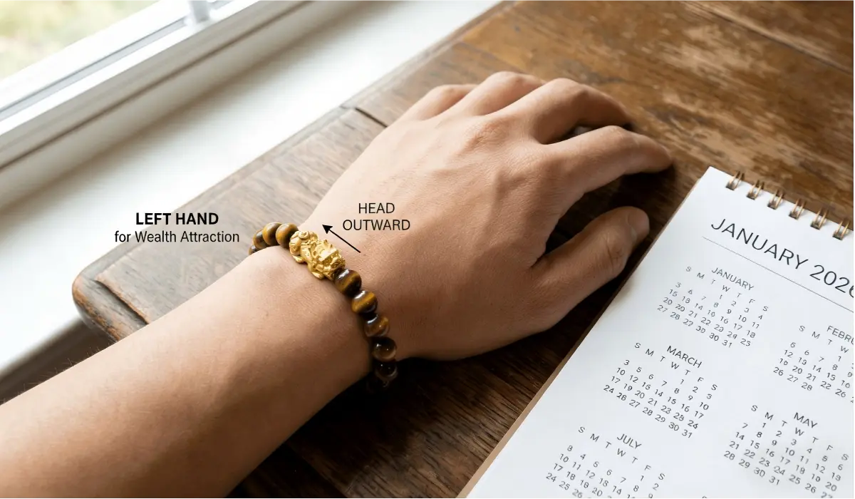 Close-up of a Pi Yao bracelet on a left hand with the head facing outward