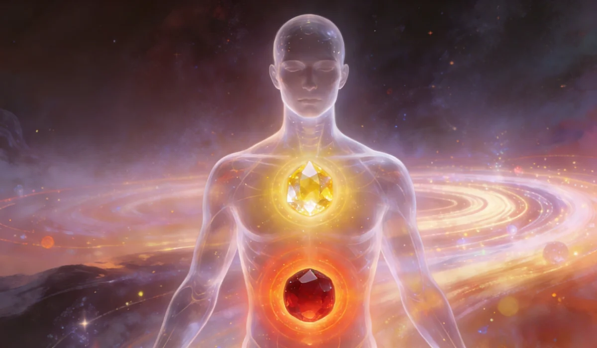 ranslucent human silhouette with a glowing yellow crystal at the heart chakra and a red crystal at the solar plexus, set against a cosmic ringed background.