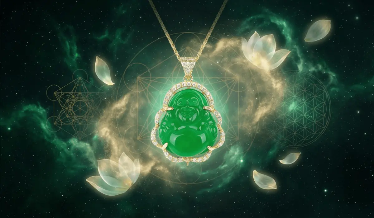 Green jade laughing Buddha pendant set in a diamond-encrusted gold frame, suspended from a gold chain, surrounded by floating white lotus petals and sacred geometry against a cosmic green nebula.