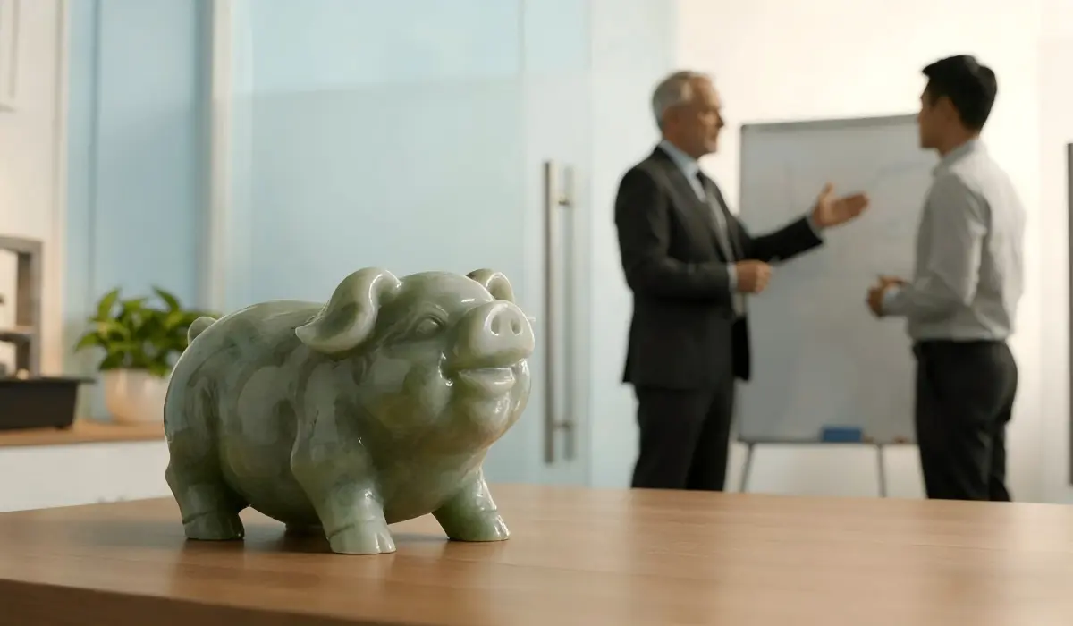 A harmonious workplace for the Pig zodiac with a jade figurine, a Victory Star symbol, and a small water fountain.