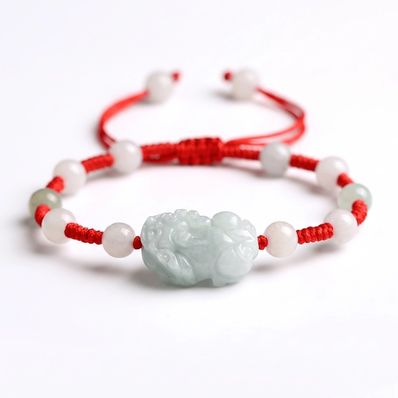 Red Rope Natural Jadeite Pixiu Bracelet for Wealth & Spiritual Protection