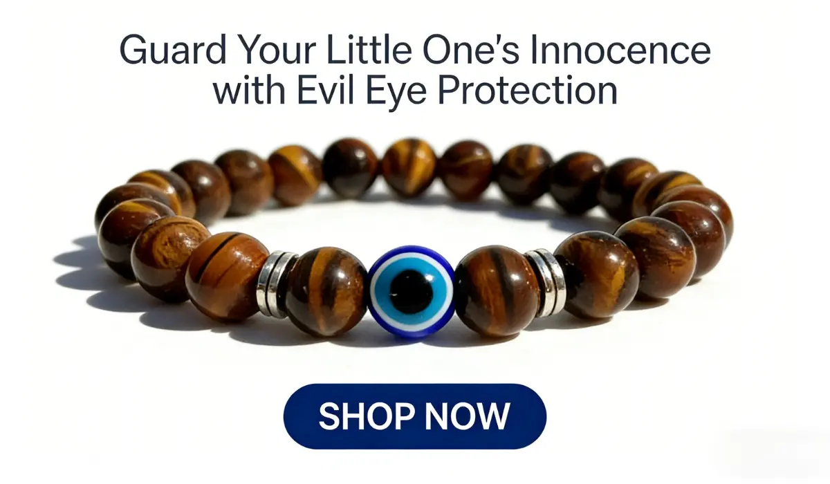 Kids' Evil Eye Tiger's Eye Bracelet for spiritual protection, displayed on white background with "Guard Your Little One's Innocence" text and "SHOP NOW" button.