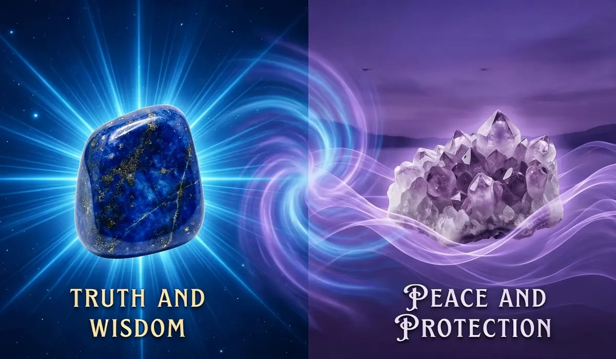 Infographic-style conceptual art comparing the active energy of Lapis Lazuli versus the calming frequency of Amethyst.
