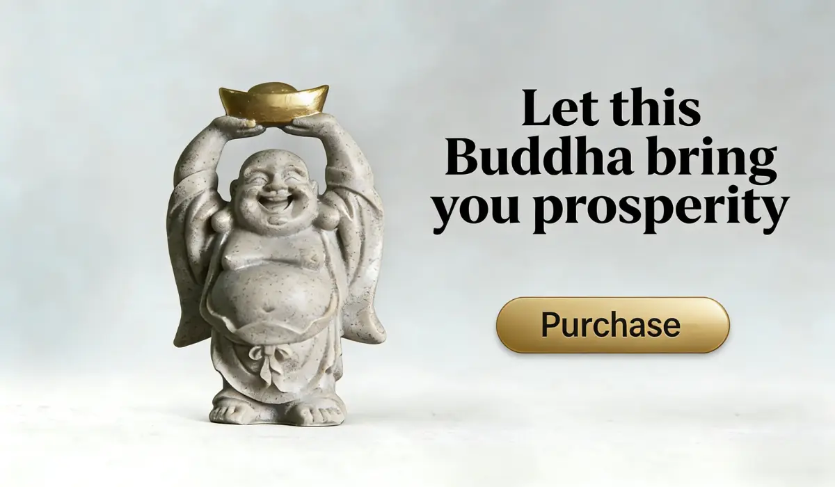 Light gray laughing Buddha statue holding a golden ingot above its head, with text "Let this Buddha bring you prosperity" and a gold "Purchase" button on a neutral background.