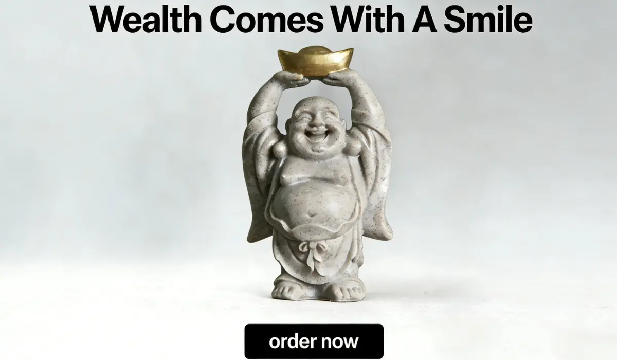 Light gray laughing Buddha statue holding a golden ingot above its head, with text "Wealth Comes With A Smile" and a black "order now" button on a neutral background.
