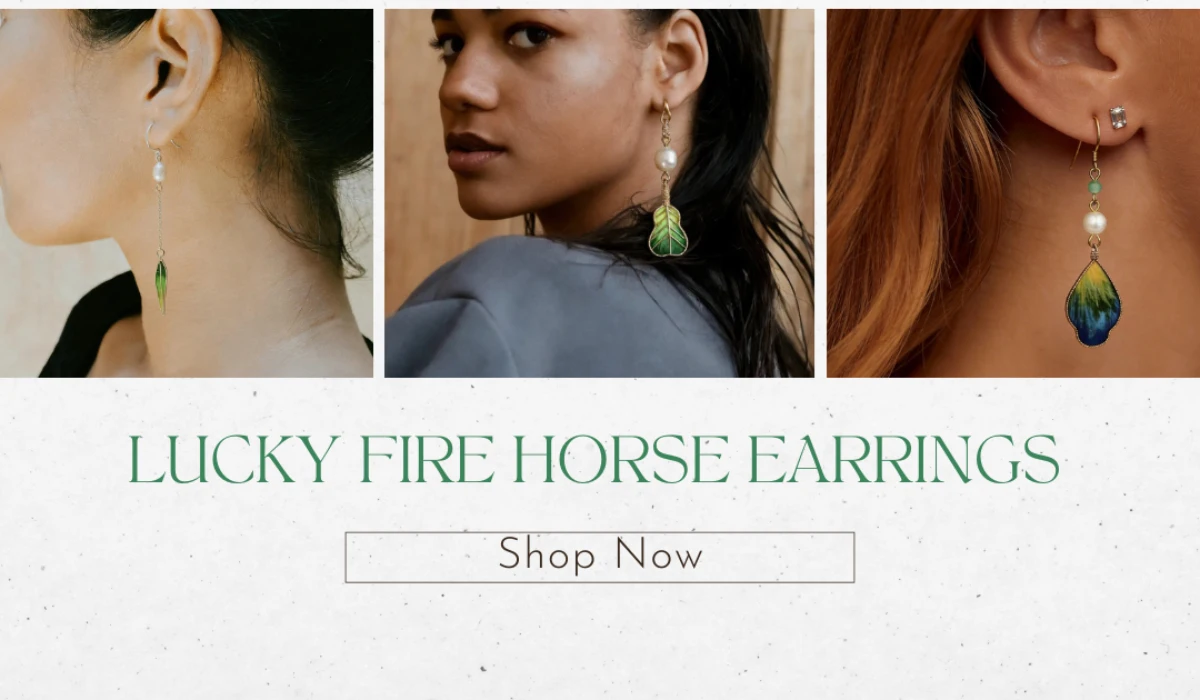 Collage of three women wearing green-accented Lucky Fire Horse Earrings, highlighting green as the lucky color, with a "Shop Now" button.