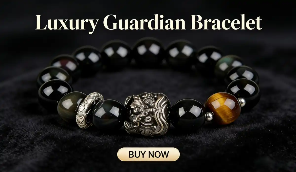 Luxury Guardian Bracelet with polished obsidian beads, silver dragon-wrapped bead, silver mythical beast head charm, and a tiger&rsquo;s eye bead, displayed on black velvet with text "Luxury Guardian Bracelet" and a "BUY NOW" button, symbolizing protection, strength, and luxury.