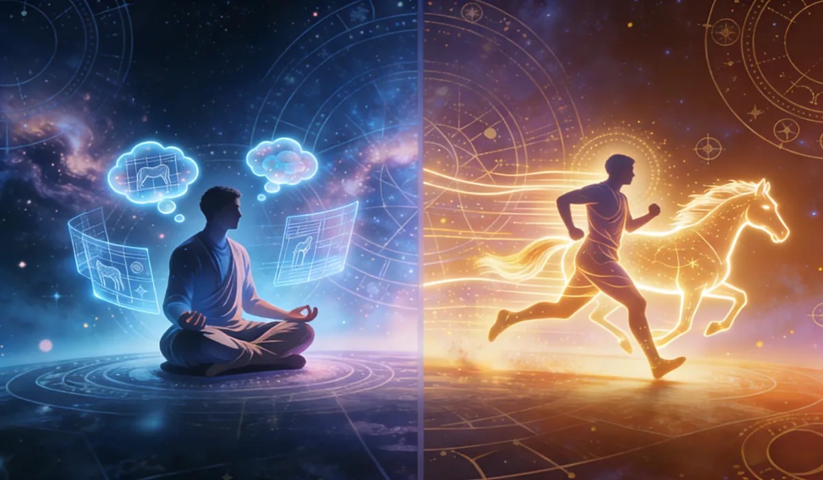 Split-screen artwork contrasting a meditating figure with blue holographic thought bubbles (left) and a runner with a fiery golden horse (right), set against cosmic backgrounds.