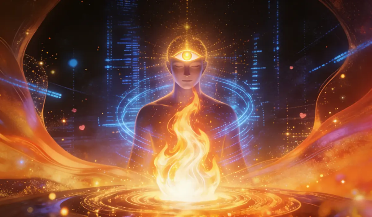 Meditating figure with glowing third eye and a flame in front, set against a futuristic cyber city with blue energy rings.