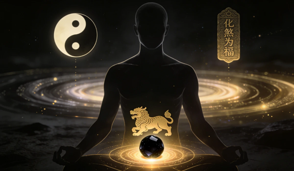 Meditating figure silhouette with a golden Pixiu on the chest and a glowing obsidian sphere in the palms, alongside a yin-yang symbol and a golden plaque with Chinese characters "Hua Sha Wei Fu" (Turn Misfortune into Blessing) on a cosmic ring background.