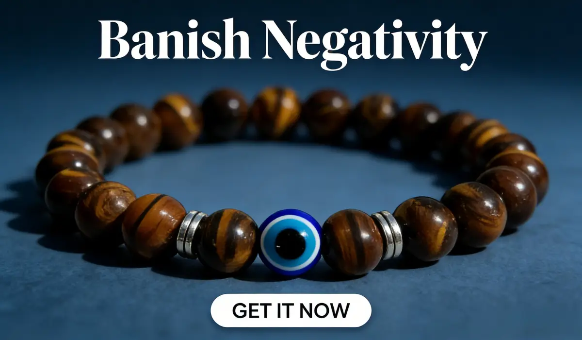 Negativity-Blocking Evil-Eye Tiger's Eye Bracelet - The Guardian of Steady Luck, featuring polished tiger's eye beads and a blue evil-eye charm, displayed on a deep blue background with text "Banish Negativity" and a "GET IT NOW" button.