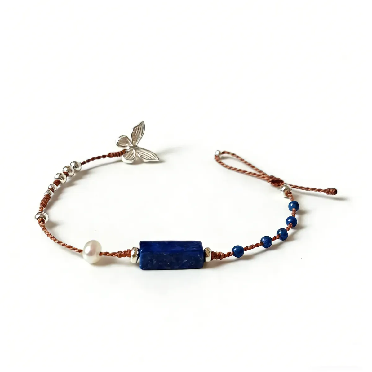 S925 Silver Butterfly & Lapis Lazuli Braided Cord Bracelet