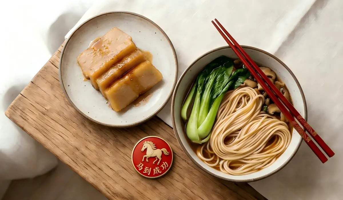 A flat-lay of sliced Nian Gao and longevity noodles next to a 2026 Year of the Horse coin.