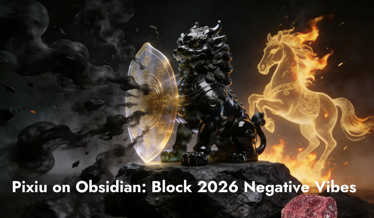 Black obsidian Pixiu statue on a rocky base holds a glowing golden shield, with black smoke, a fiery golden horse, a red cinnabar chunk at the bottom right, and text "Pixiu on Obsidian: Block 2026 Negative Vibes".