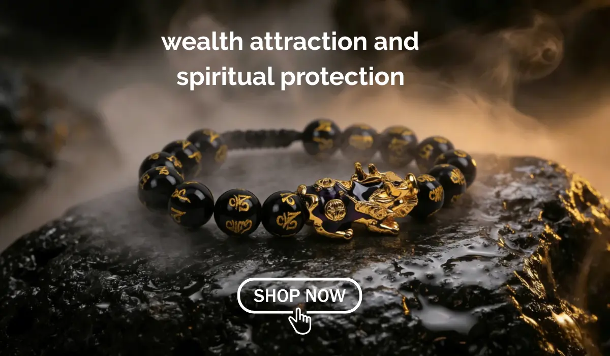 Black obsidian beaded bracelet with golden Tibetan script and a gold-plated Pixiu charm, resting on a wet black stone surface with misty smoke, representing wealth attraction and spiritual protection.