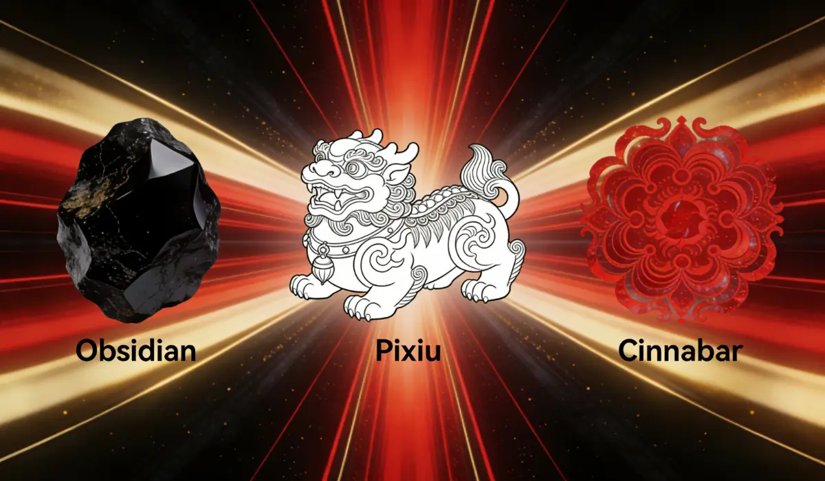 Obsidian stone, white Pixiu illustration and red cinnabar pattern displayed side by side, labeled with corresponding English names against a red and gold radial light background.
