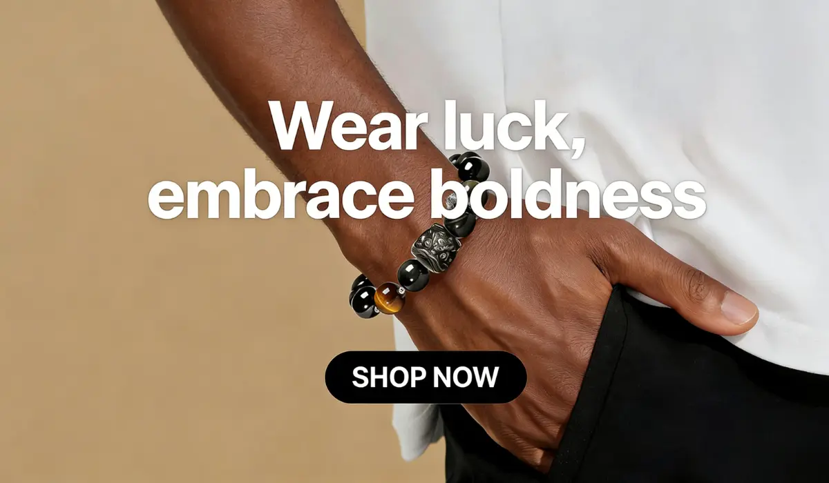 Black obsidian and tiger&rsquo;s eye beaded bracelet with a silver Pixiu charm worn on a hand, with text "Wear luck, embrace boldness" and a "SHOP NOW" button.