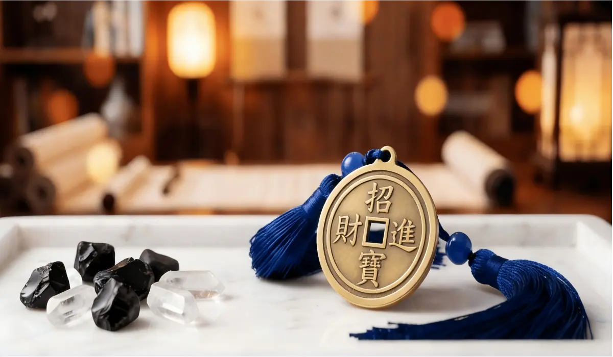 Close-up of a Tai Sui Amulet with obsidian and quartz crystals for protection