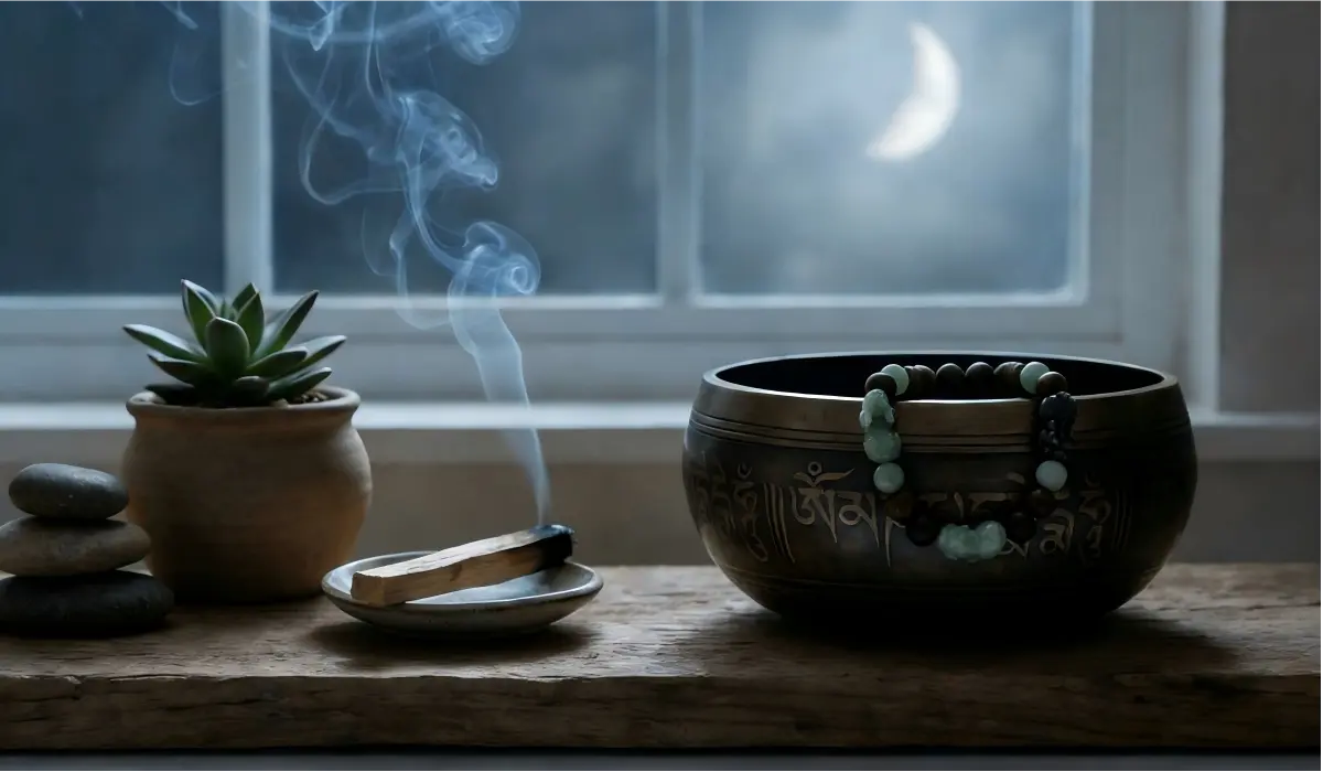 Pi Yao bracelet being cleansed in a singing bowl with Palo Santo smoke