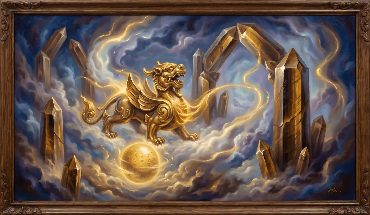 Artistic depiction of the Pi Yao (Pixiu) as a feng shui wealth guardian surrounded by crystal energy and prosperity symbols.