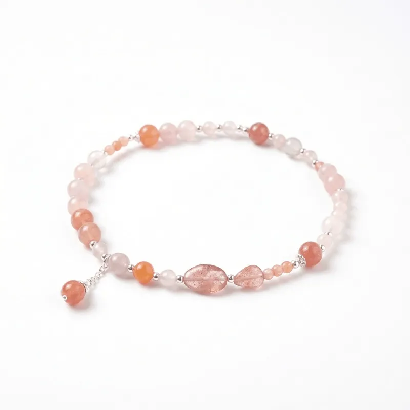 Salt Source Agate, Rose Quartz & Strawberry Crystal 925 Silver Anklet for Emotional Balance & Romantic Connection