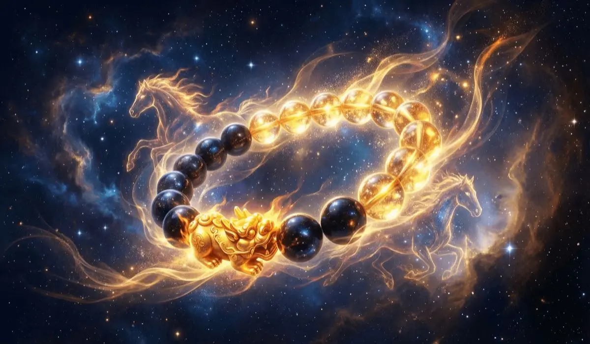 Mystical Pixiu bracelet with black obsidian and glowing golden crystal beads, surrounded by fiery golden horse spirits and cosmic energy streams, representing wealth, success, and spiritual protection.