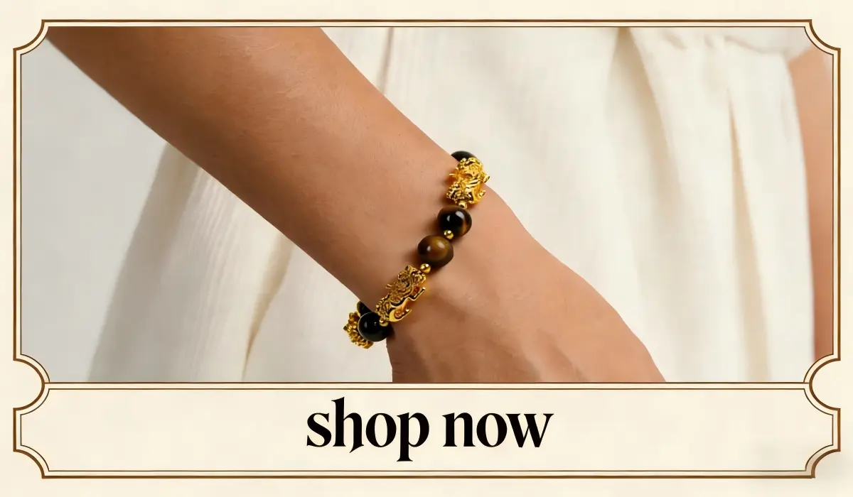 Wealth attracting Pixiu Tiger Eye bracelet worn on the wrist, symbolizing success, confidence, and Fire element energy in Feng Shui 2026.