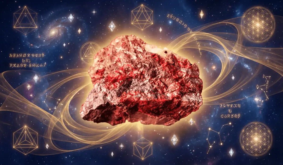 Raw red cinnabar crystal cluster glowing with golden aura, floating amidst golden energy streams and sacred geometry symbols against a starry cosmic nebula background.