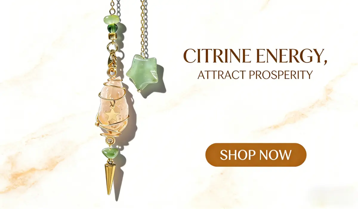 Raw Citrine & Silver Obsidian Car Charm for Safety & Wealth, featuring a gold-wrapped citrine point, green aventurine star, and gold accents, displayed on a marble background with text "CITRINE ENERGY, ATTRACT PROSPERITY" and a "SHOP NOW" button.
