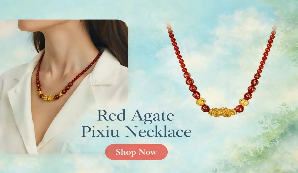 Red agate Pixiu necklace featuring a gold Pixiu charm, traditionally worn for wealth attraction, protection, and Feng Shui balance.