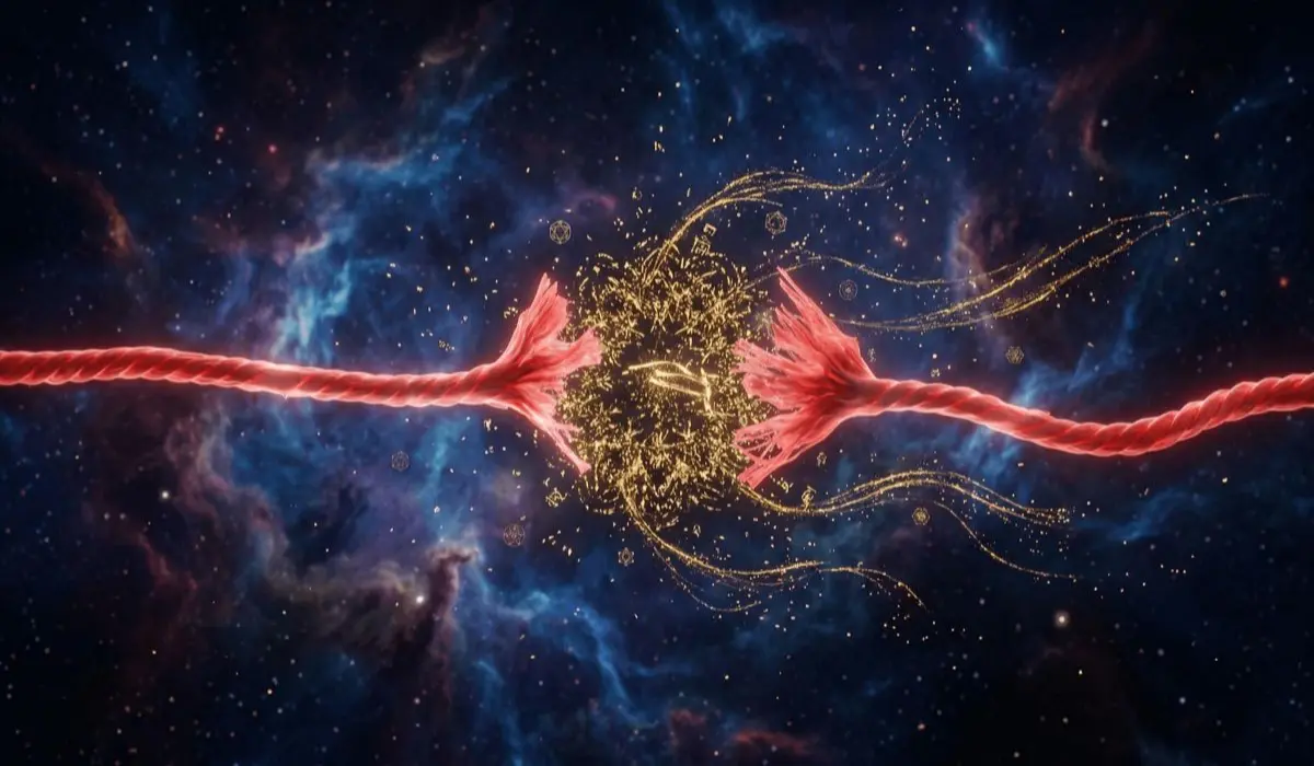Glowing red cord breaking apart in a cosmic nebula, releasing golden energy streams and sacred geometry symbols, representing the release of negative energy and spiritual transformation.