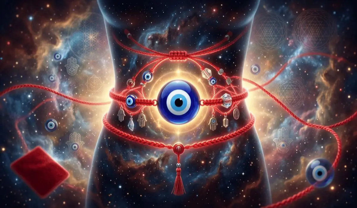 Multiple red cord evil eye waist chains with blue evil eye charms and Hamsa hand pendants, wrapped around a cosmic-themed torso with sacred geometry symbols and radiant golden energy, symbolizing spiritual protection and alignment.