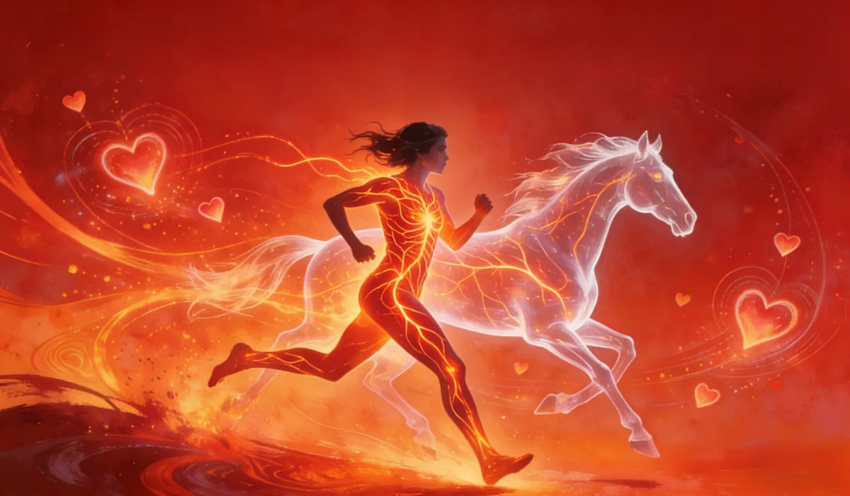 Runner with red energy veins alongside a translucent fiery horse, set against a red background with floating heart shapes.