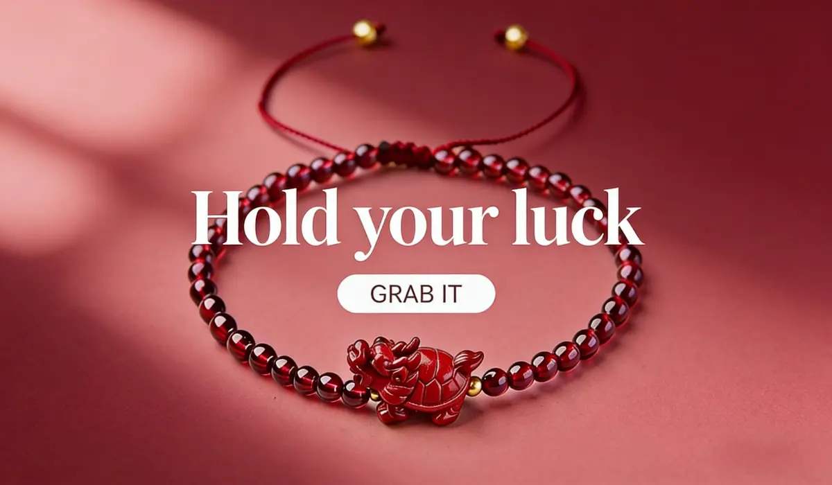 Red string bracelet with a red dragon turtle charm and glossy red garnet beads, displayed on a deep red background with text "Hold your luck" and a "GRAB IT" button, symbolizing wealth, protection, and good fortune.