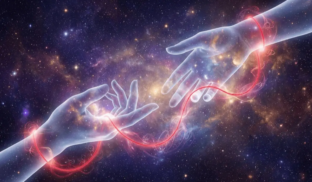  Two translucent ethereal hands connected by a glowing red thread, radiating golden energy, against a cosmic nebula background with floating stars and sacred symbols.