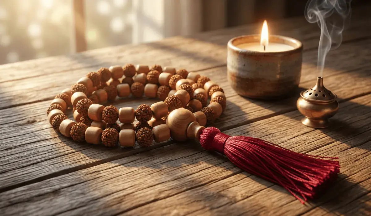 Wooden mala beads with rudraksha seeds and a red tassel, laid on a rustic wooden table beside a lit candle and a brass incense burner with rising smoke, in warm natural light.