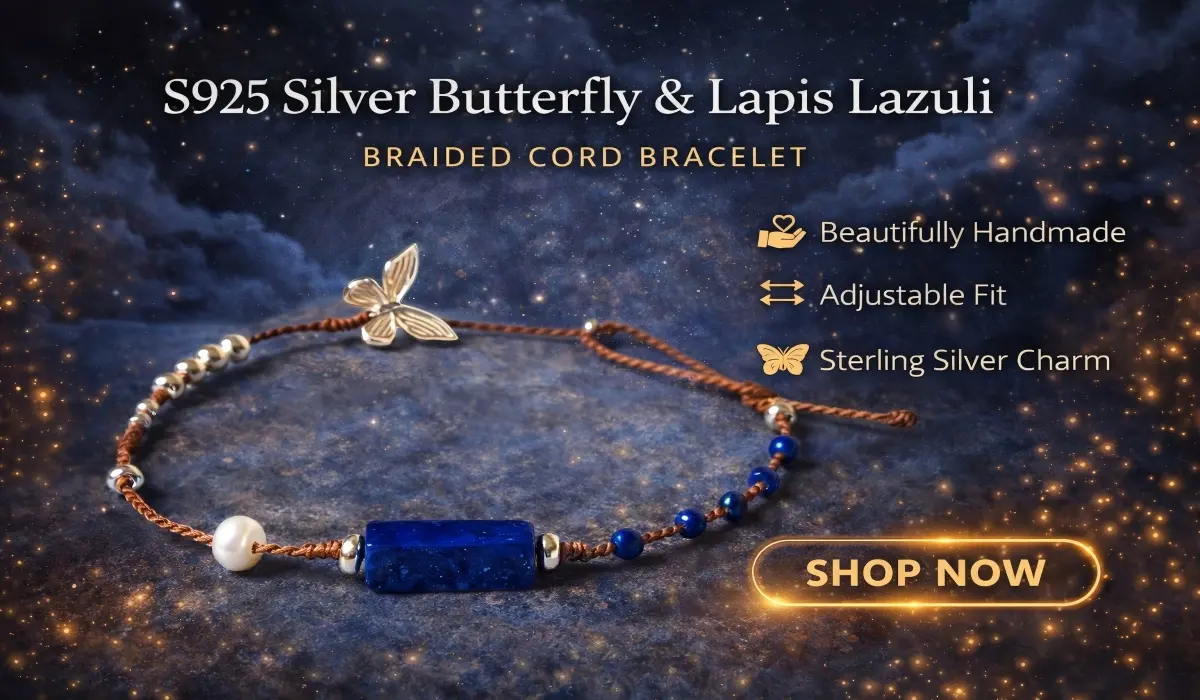 S925 Silver Butterfly & Lapis Lazuli Braided Cord Bracelet