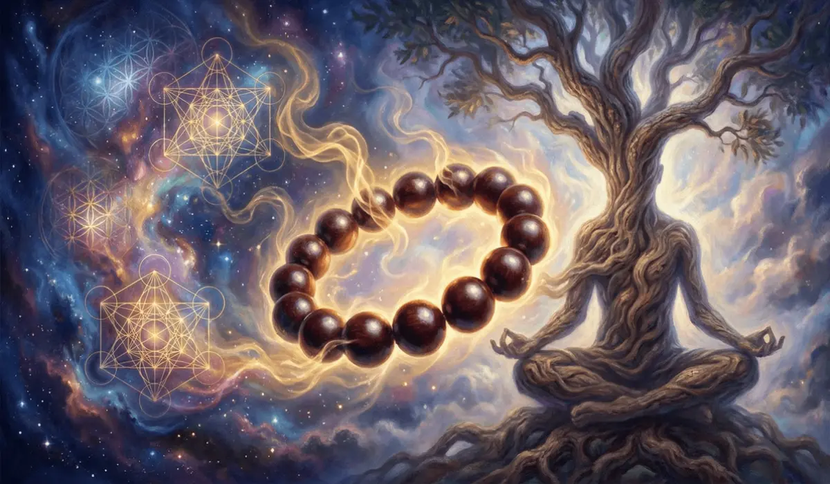 Sandalwood beaded bracelet glowing with golden energy trails, floating beside a tree-human hybrid figure meditating in lotus pose, against a cosmic nebula with golden sacred geometry symbols.