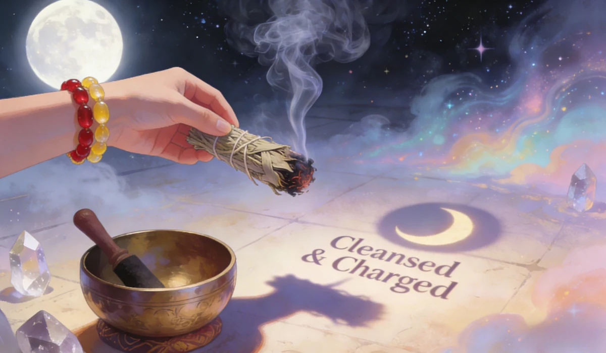 Hand holding a smudge stick (white sage) with smoke, wearing a red-yellow beaded bracelet, next to a singing bowl and crystals, under a full moon with text "Cleansed & Charged" on the ground.