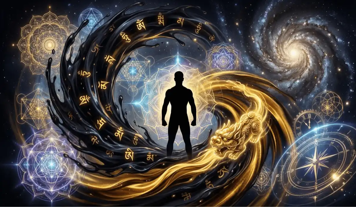 Mystical spiritual scene with a human silhouette surrounded by black and golden energy streams, a golden Pixiu, sacred geometry symbols, Tibetan mantras, and cosmic galaxies, representing protection, prosperity, and spiritual alignment.