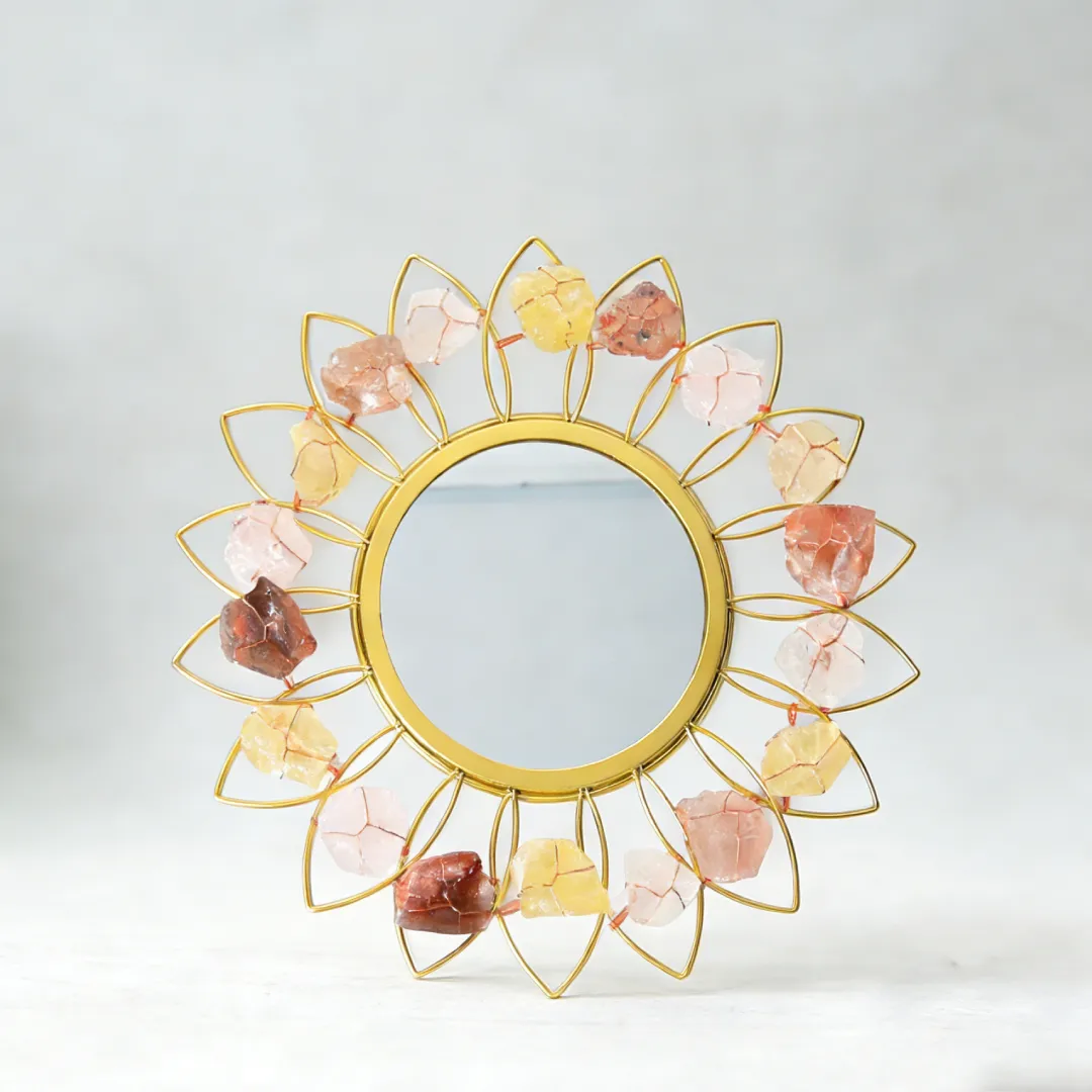 Sun-Shaped Wall Mirror with Natural Citrine & Agate