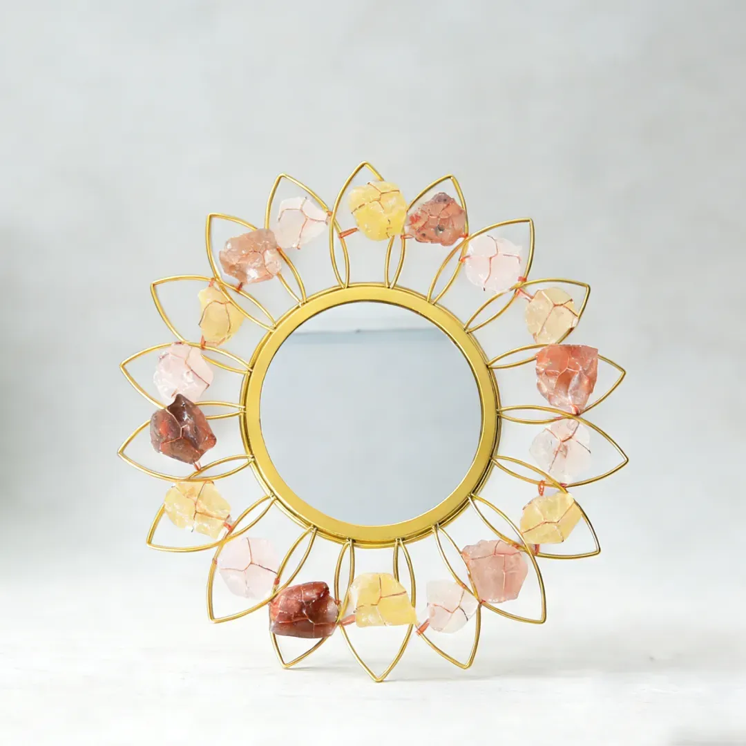 Sun-Shaped Wall Mirror with Natural Citrine & Agate
