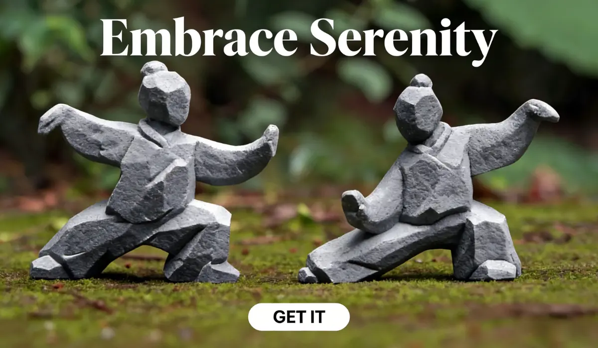 Hand-carved gray stone Tai Chi statues in martial arts poses, placed on a mossy ground with text "Embrace Serenity" and a "GET IT" button, representing mindfulness, balance, and zen-inspired decor.