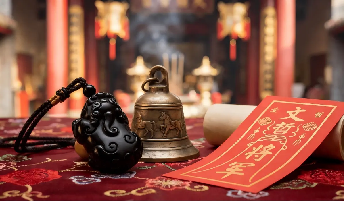 Traditional Feng Shui protective items including a black obsidian Pi Xiu and a General Wen Zhe talisman